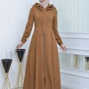 Hooded-Belted Hijab Topcoat 1213 with front zipper taba