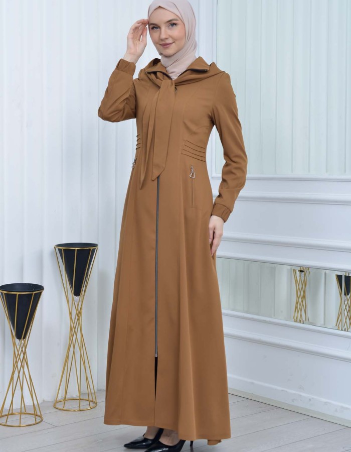 Hooded-Belted Hijab Topcoat 1213 with front zipper taba