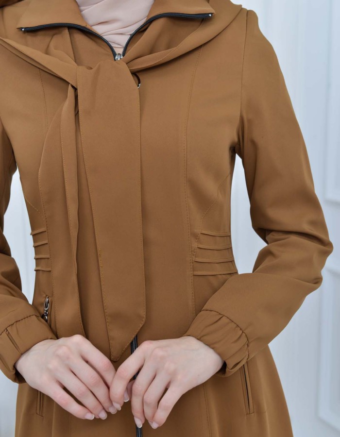 Hooded-Belted Hijab Topcoat 1213 with front zipper taba