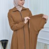 Hooded-Belted Hijab Topcoat 1213 with front zipper taba