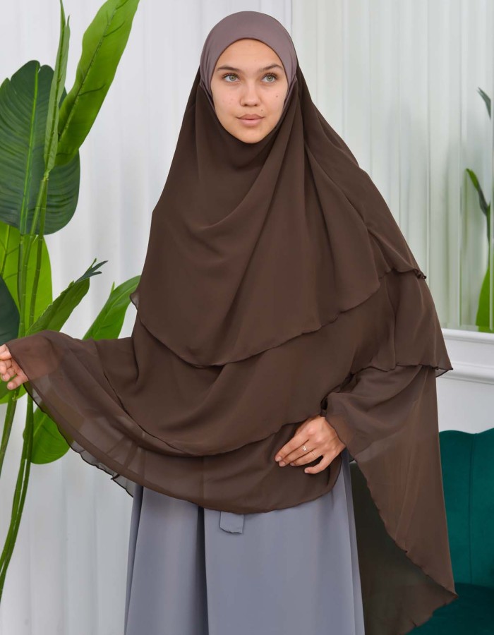 Chiffon Hijab Ready Made Veiled Practical Scarf 3 Layer - Cover Souffle 827 kuyu kahve rengı
