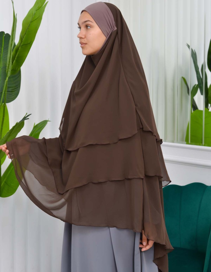 Chiffon Hijab Ready Made Veiled Practical Scarf 3 Layer - Cover Souffle 827 kuyu kahve rengı