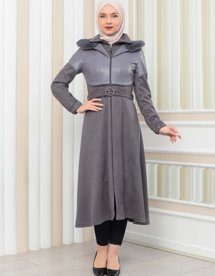Damen Winter-Trenchcoat aus Wildleder und Leder 1351 - Grau