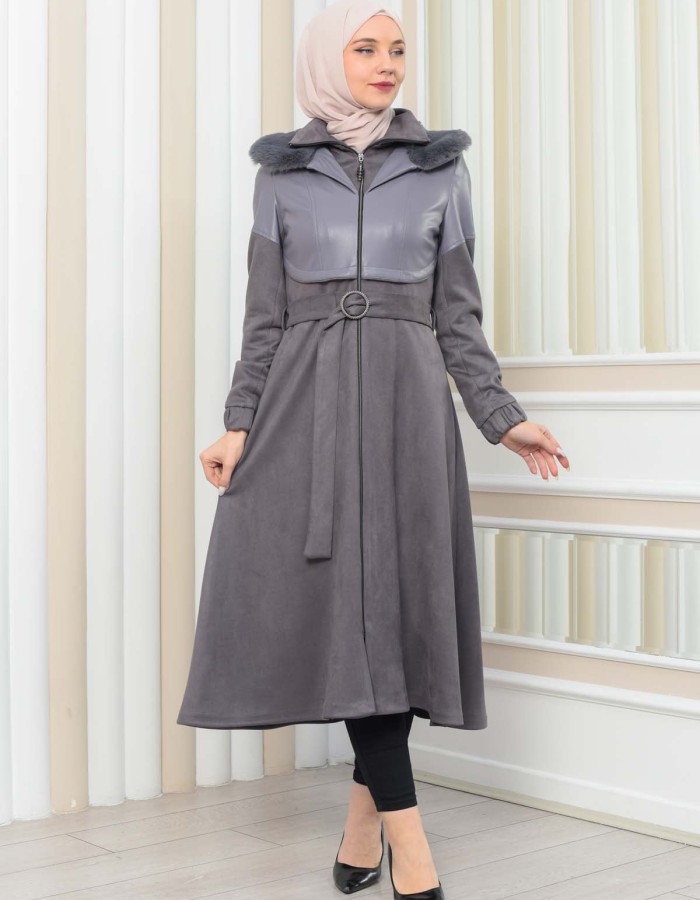 Damen Winter-Trenchcoat aus Wildleder und Leder 1351 - Grau