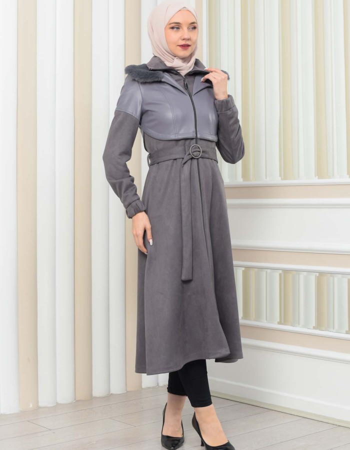Damen Winter-Trenchcoat aus Wildleder und Leder 1351 - Grau