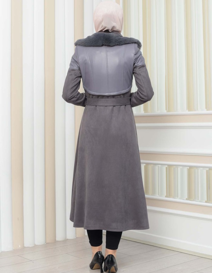 Damen Winter-Trenchcoat aus Wildleder und Leder 1351 - Grau