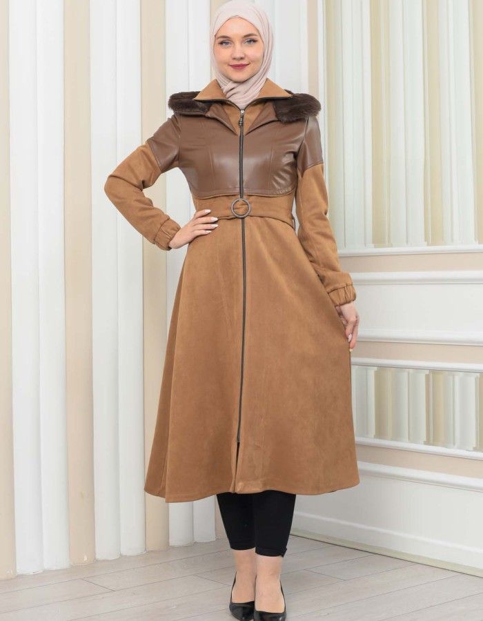 Damen Winter-Trenchcoat aus Wildleder und Leder 1351 - Tabak