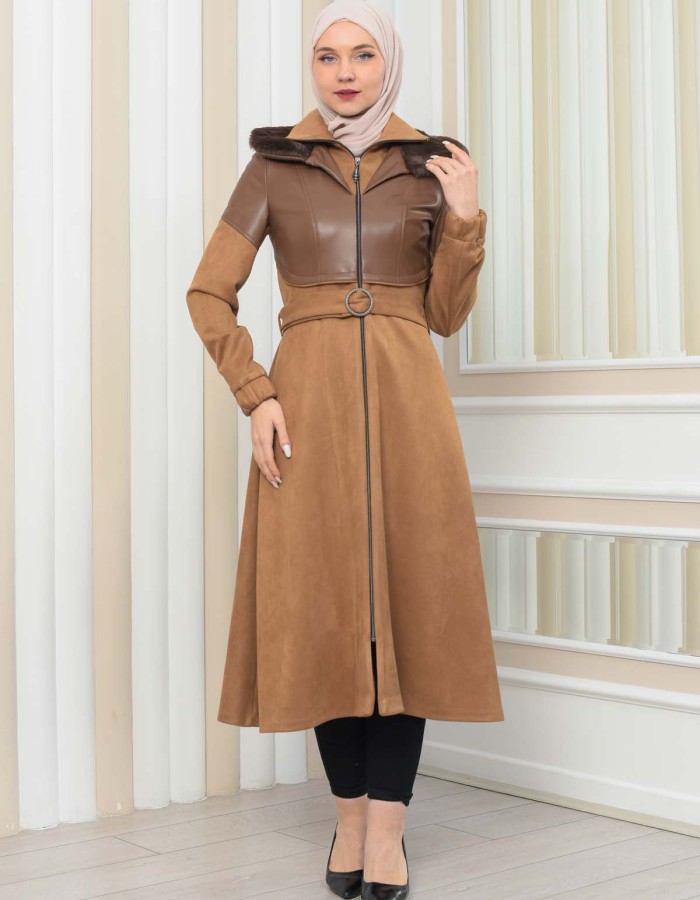 Damen Winter-Trenchcoat aus Wildleder und Leder 1351 - Tabak