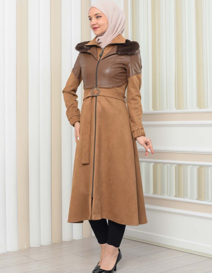Damen Winter-Trenchcoat aus Wildleder und Leder 1351 - Tabak