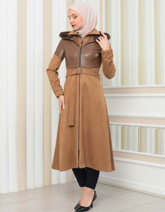 Damen Winter-Trenchcoat aus Wildleder und Leder 1351 - Tabak