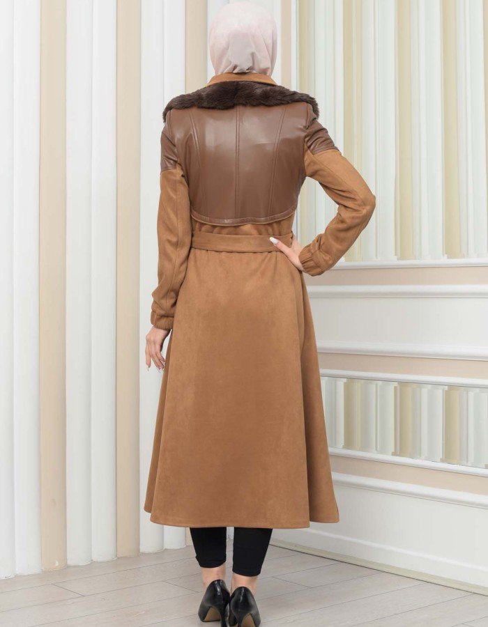 Damen Winter-Trenchcoat aus Wildleder und Leder 1351 - Tabak