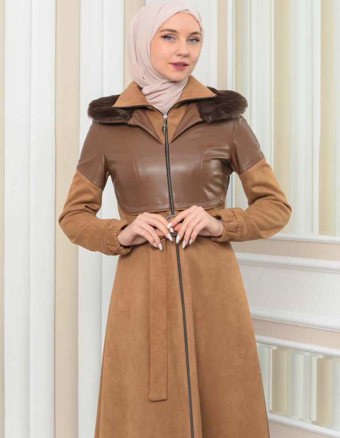 Damen Winter-Trenchcoat aus Wildleder und Leder 1351 - Tabak