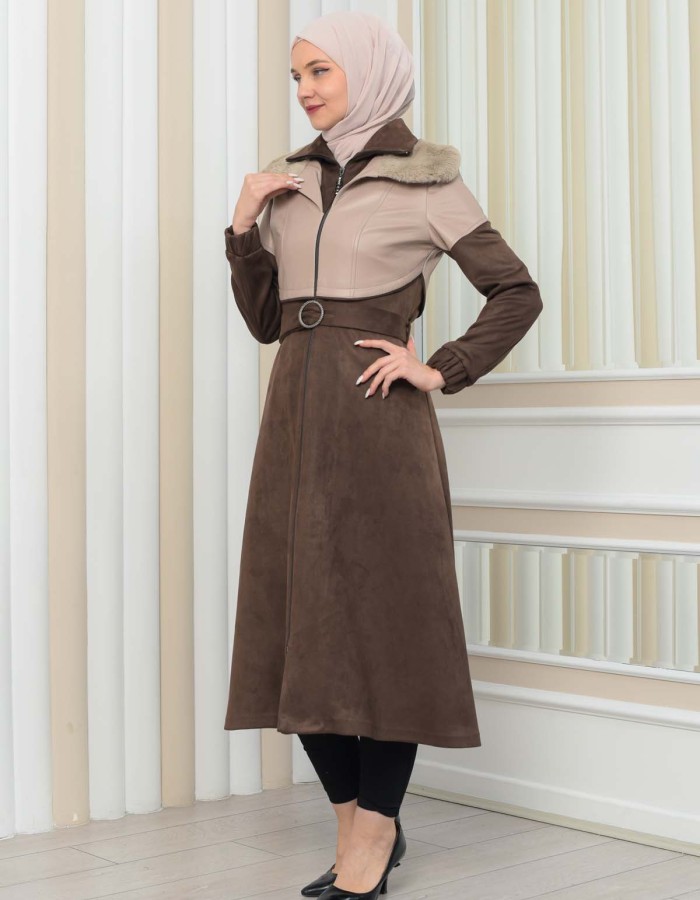 Damen Winter-Trenchcoat aus Wildleder und Leder 1351 - Beige