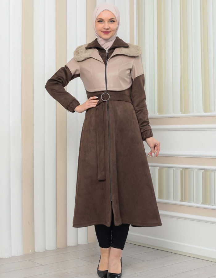 Damen Winter-Trenchcoat aus Wildleder und Leder 1351 - Beige