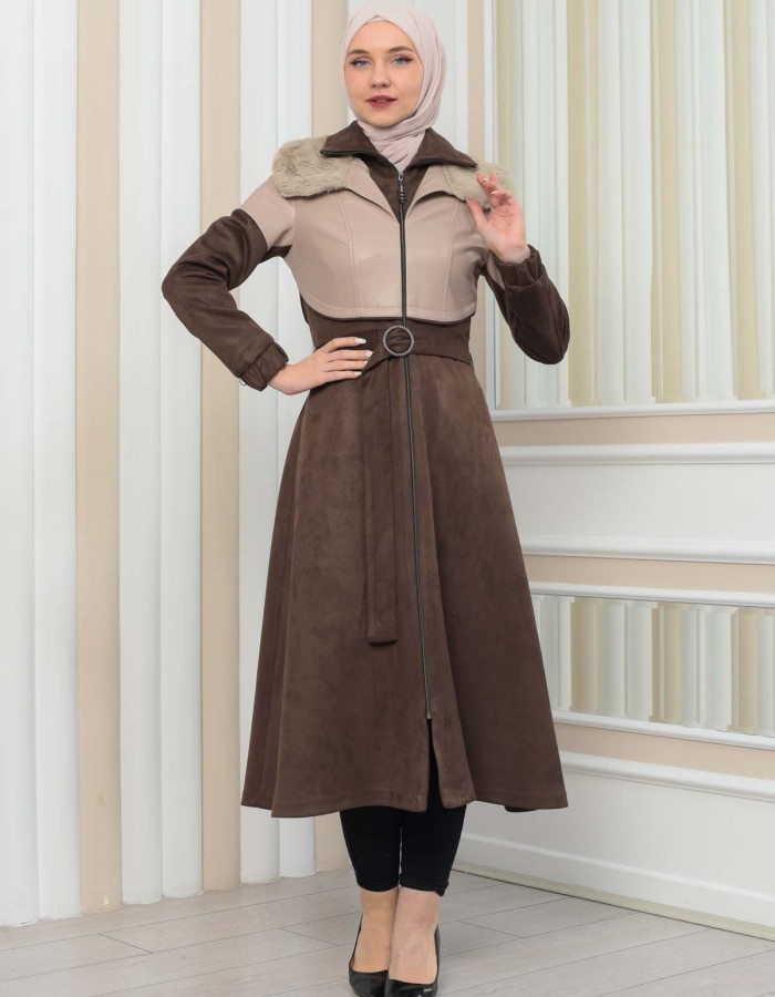 Damen Winter-Trenchcoat aus Wildleder und Leder 1351 - Beige
