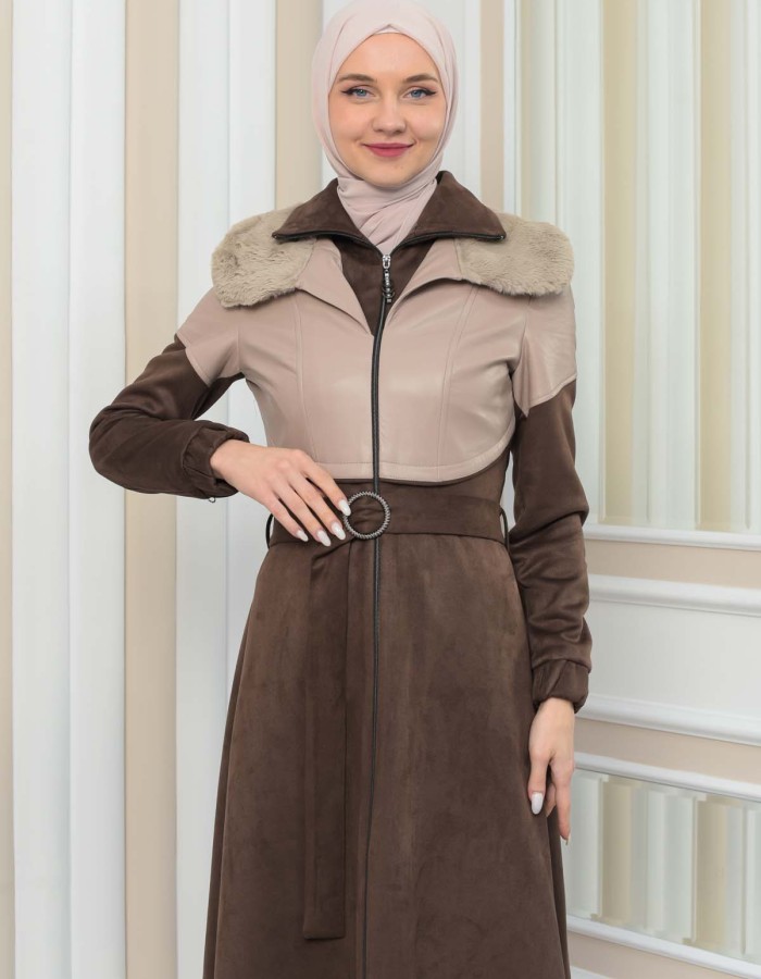 Damen Winter-Trenchcoat aus Wildleder und Leder 1351 - Beige