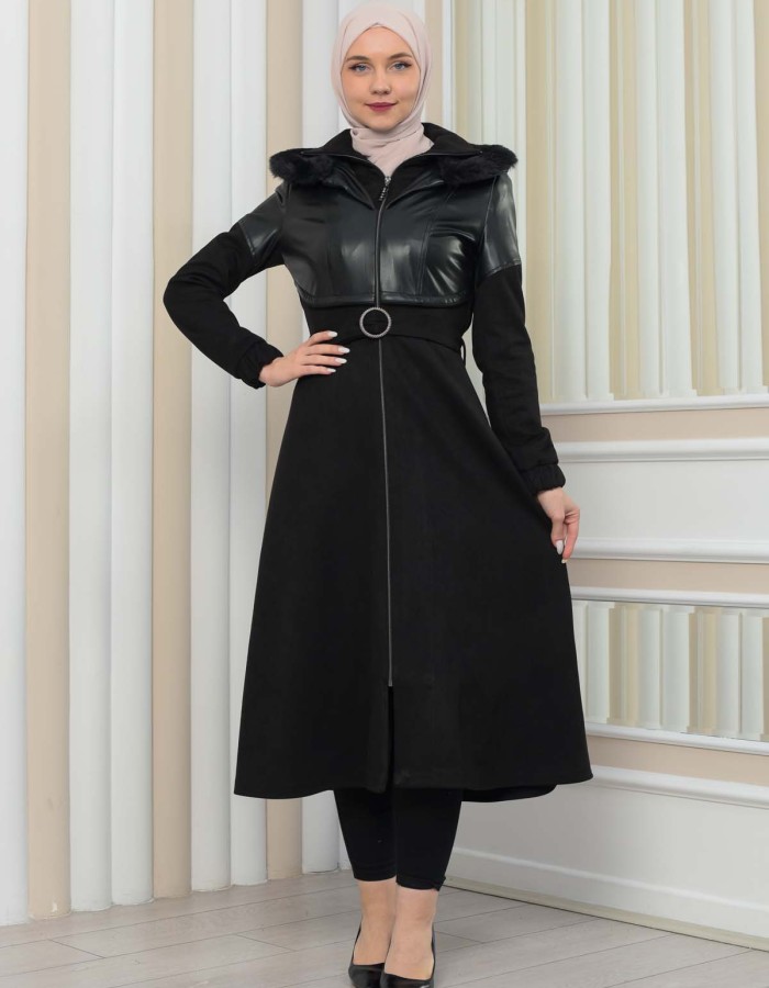 Damen Winter-Trenchcoat aus Wildleder und Leder 1351 - Schwarz