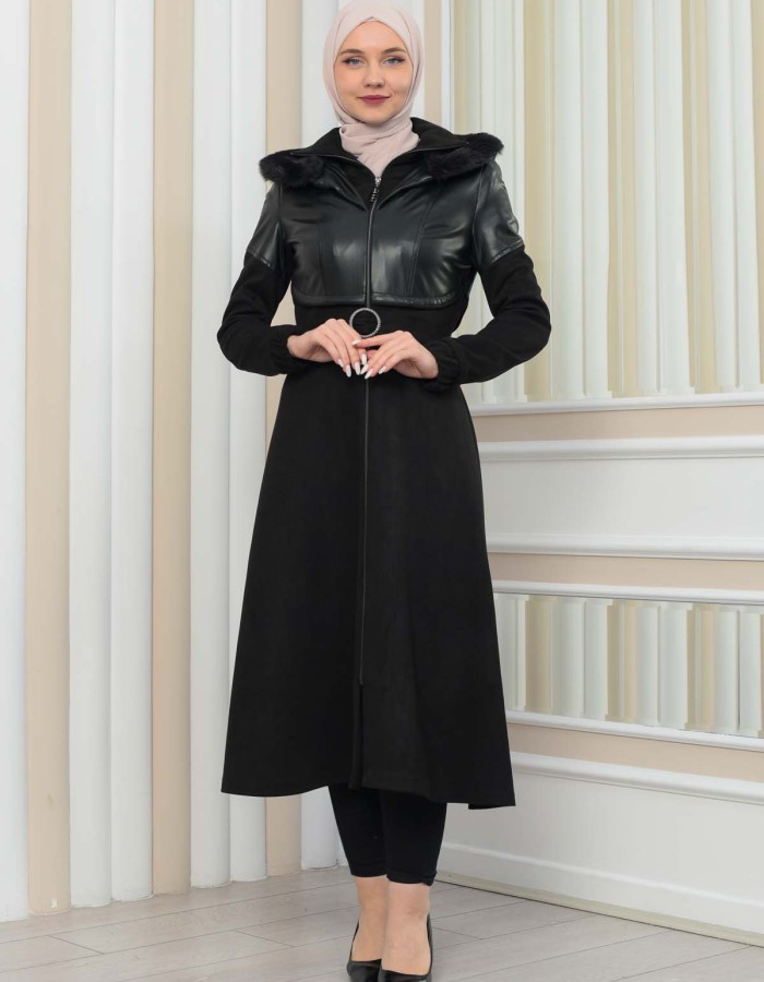 Damen Winter-Trenchcoat aus Wildleder und Leder 1351 - Schwarz