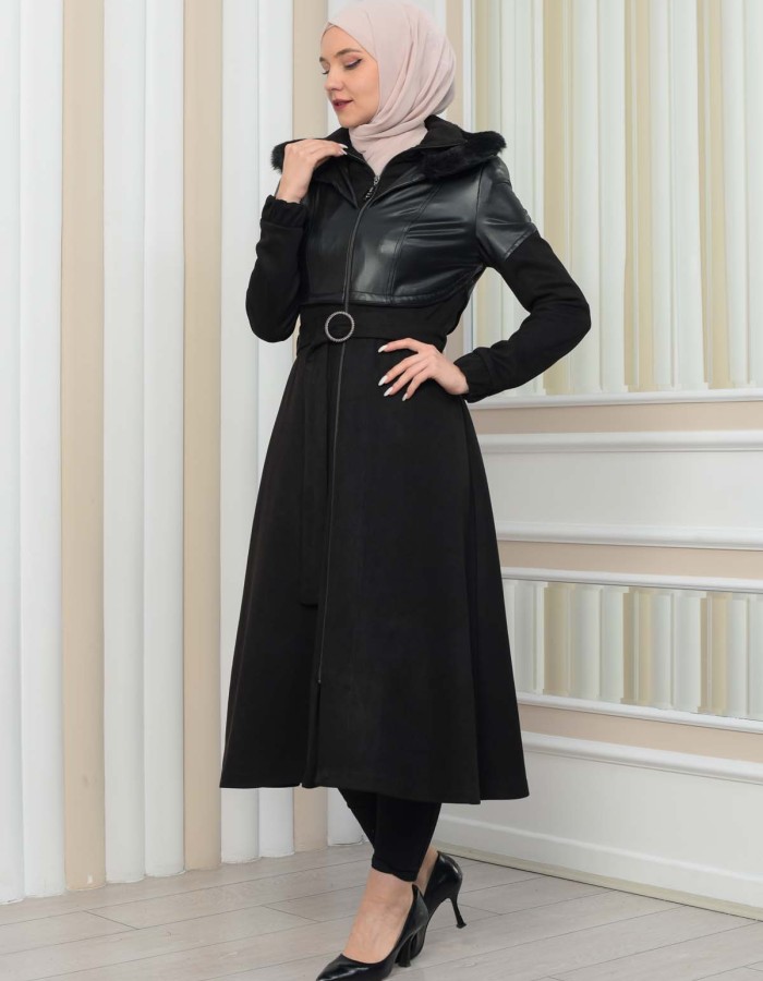 Damen Winter-Trenchcoat aus Wildleder und Leder 1351 - Schwarz