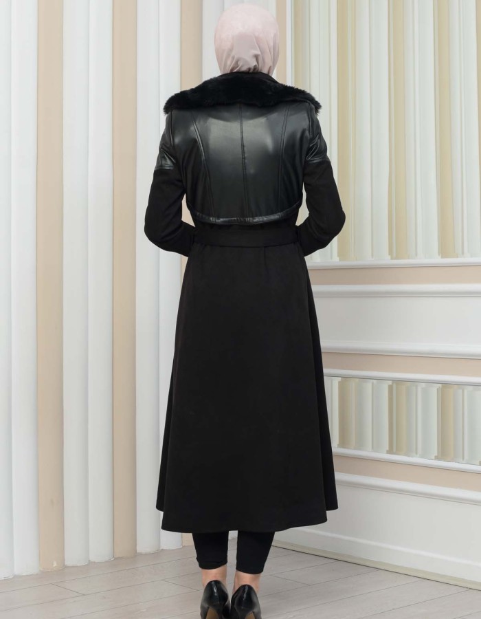Damen Winter-Trenchcoat aus Wildleder und Leder 1351 - Schwarz