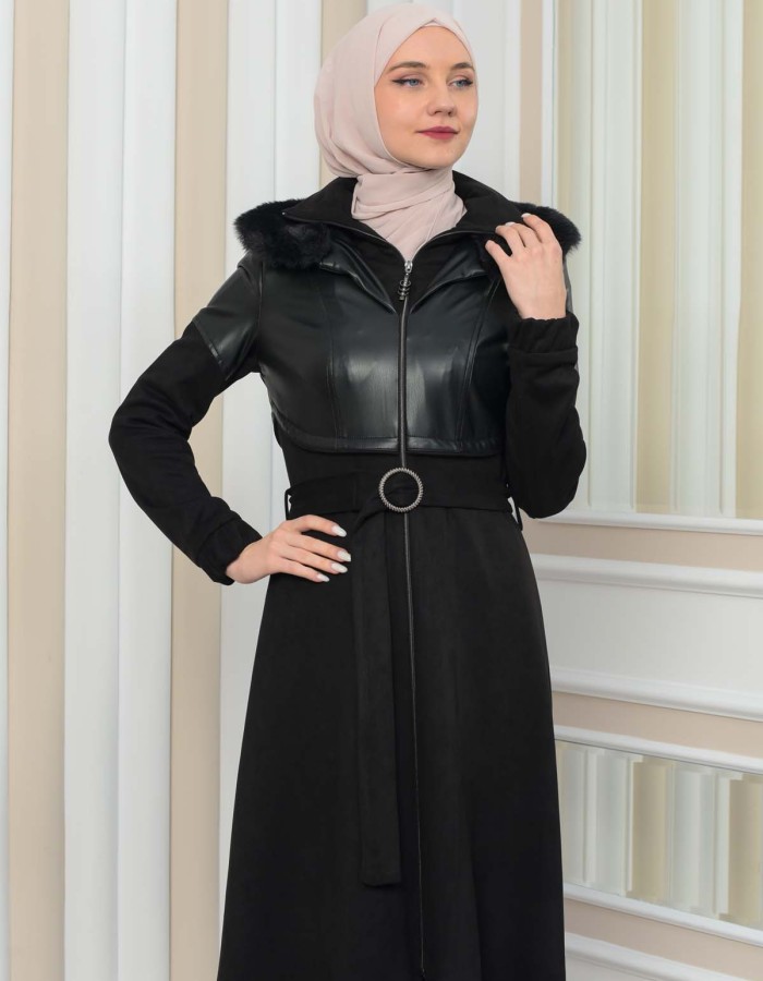 Damen Winter-Trenchcoat aus Wildleder und Leder 1351 - Schwarz