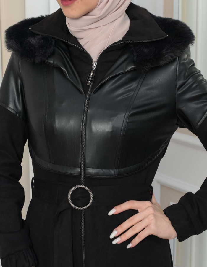 Damen Winter-Trenchcoat aus Wildleder und Leder 1351 - Schwarz