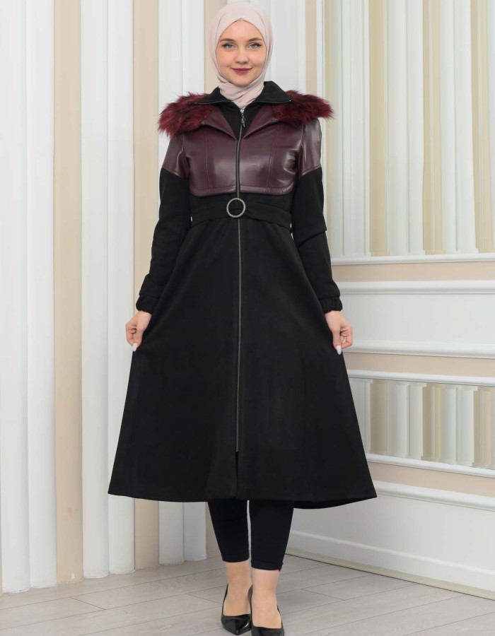 Damen Winter-Trenchcoat aus Wildleder und Leder 1351 - Bordeaux