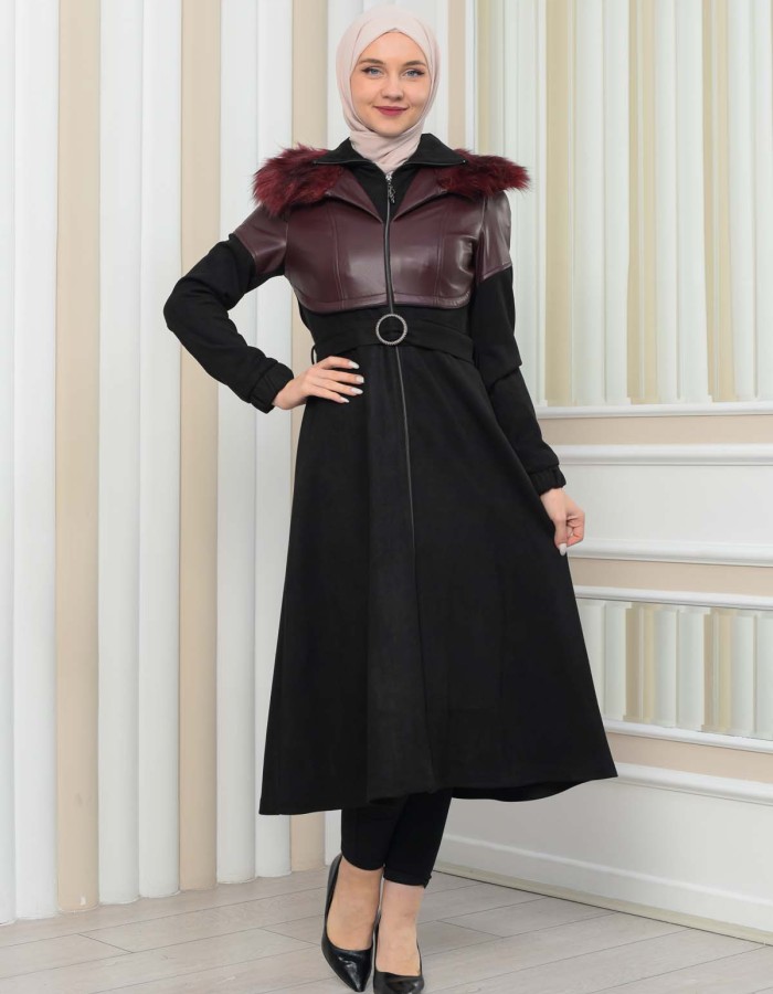 Damen Winter-Trenchcoat aus Wildleder und Leder 1351 - Bordeaux