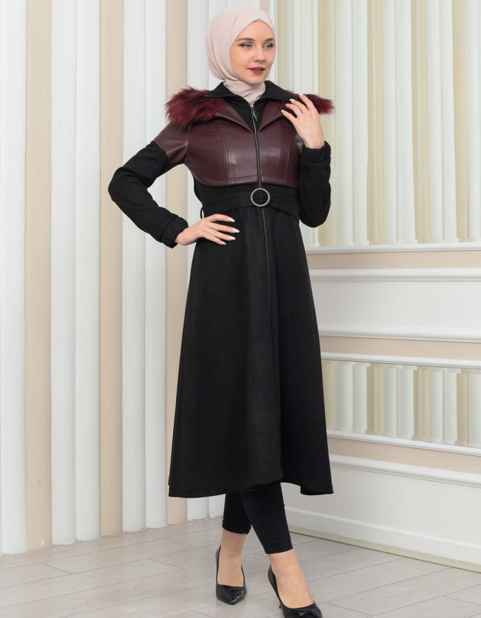 Damen Winter-Trenchcoat aus Wildleder und Leder 1351 - Bordeaux