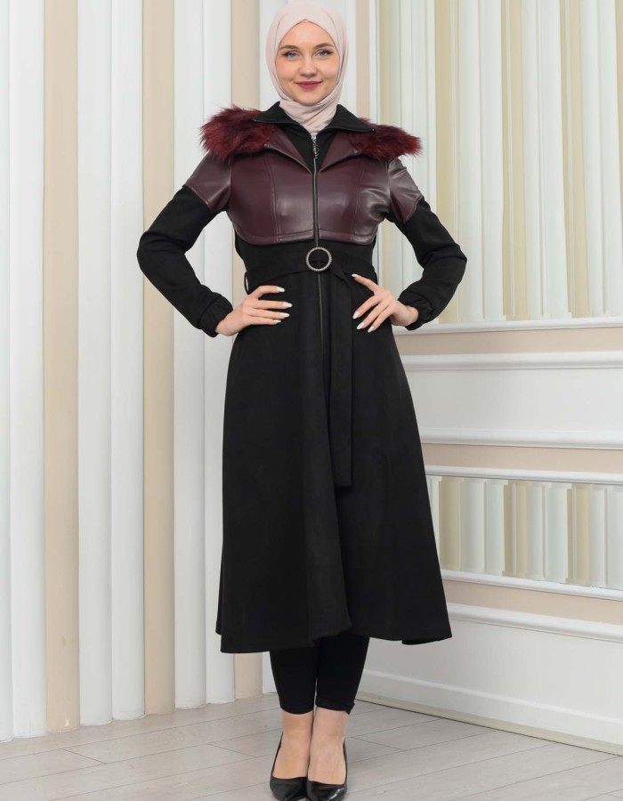 Damen Winter-Trenchcoat aus Wildleder und Leder 1351 - Bordeaux