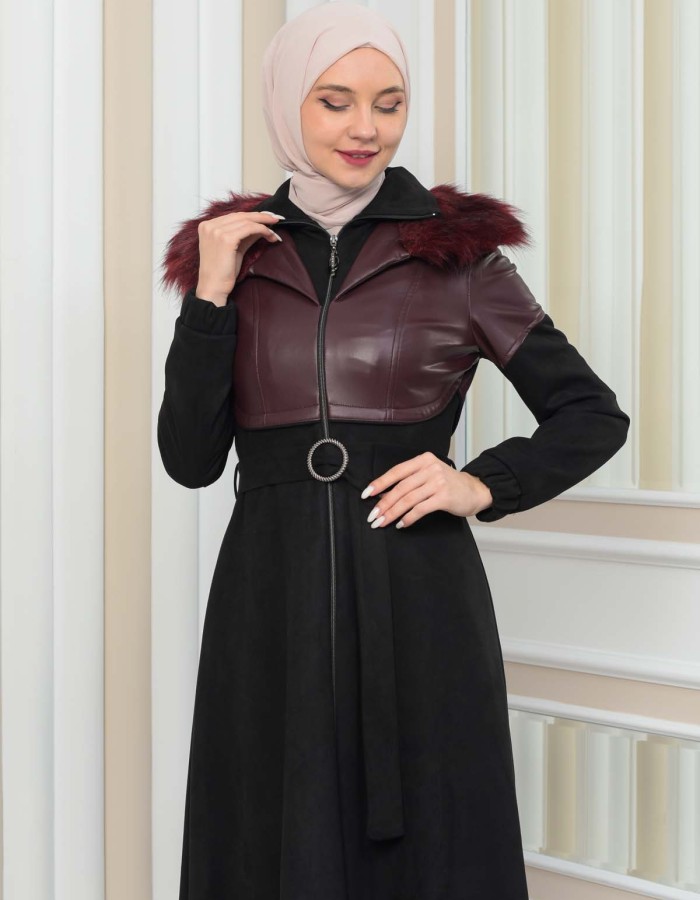 Damen Winter-Trenchcoat aus Wildleder und Leder 1351 - Bordeaux