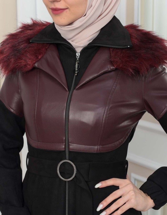 Damen Winter-Trenchcoat aus Wildleder und Leder 1351 - Bordeaux