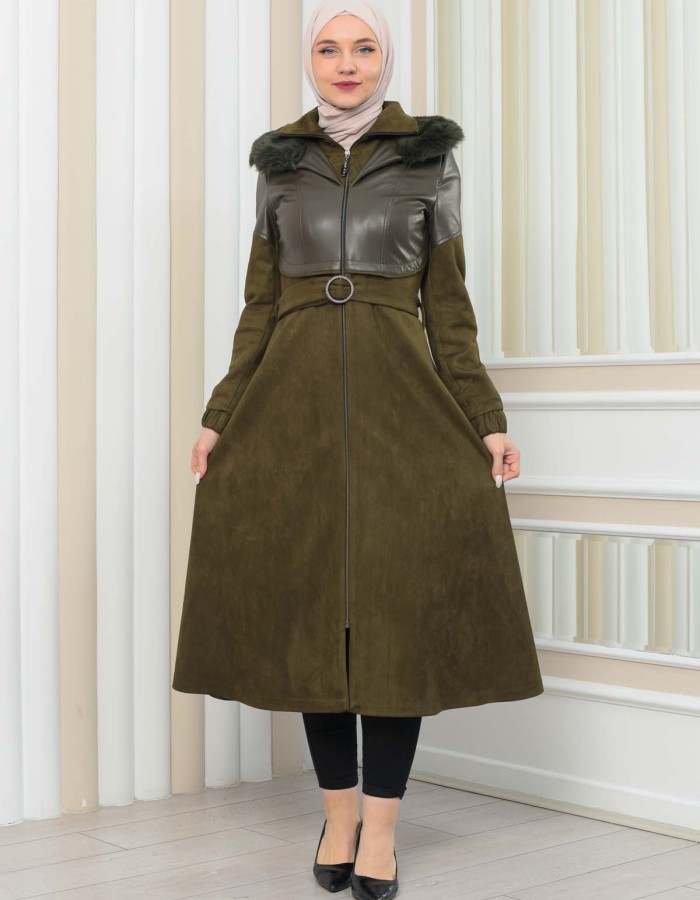 Women's Winter Suede and Leather Trench Coat 1351 - khaki