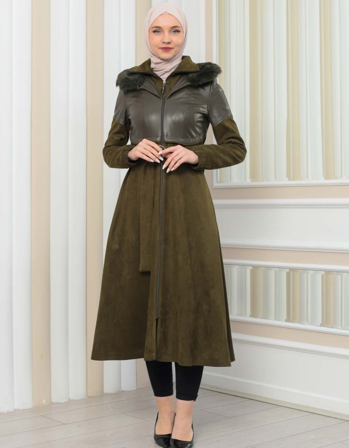 Women's Winter Suede and Leather Trench Coat 1351 - khaki