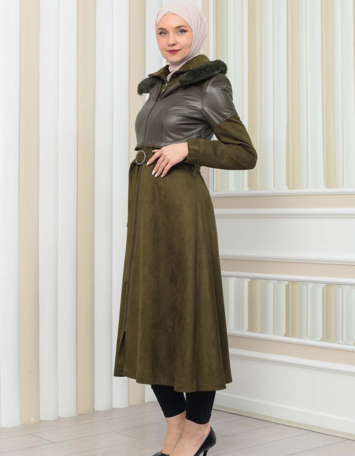 Women's Winter Suede and Leather Trench Coat 1351 - khaki