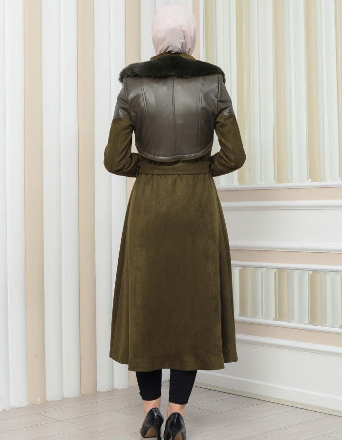Women's Winter Suede and Leather Trench Coat 1351 - khaki