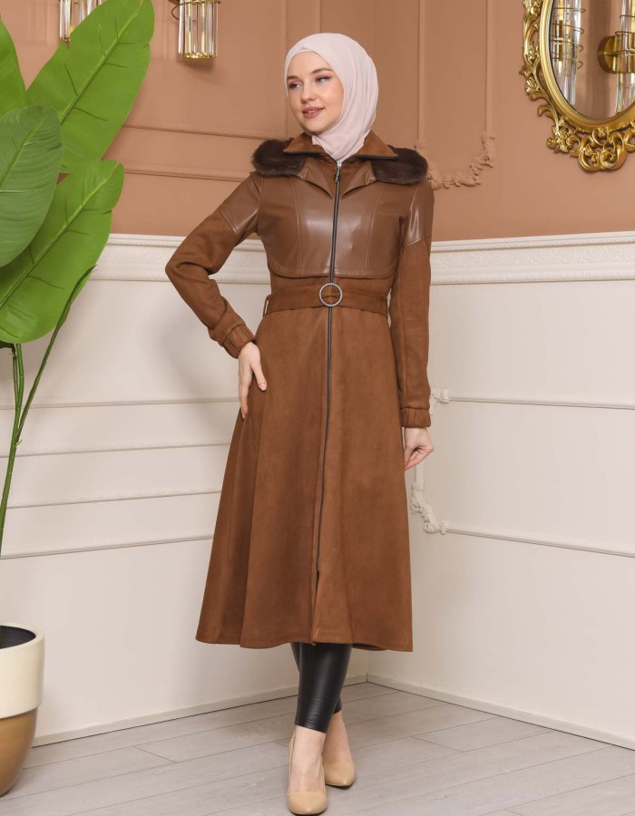 Damen Winter-Trenchcoat aus Wildleder und Leder 1351 - Braun
