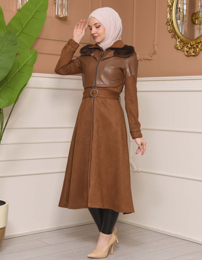 Damen Winter-Trenchcoat aus Wildleder und Leder 1351 - Braun