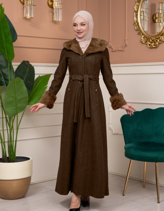 Woolen Winter Coat with Fur Lining - 1360 - brown