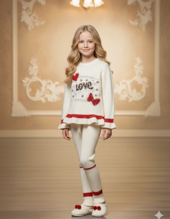 Mädchen Winter Strickset mit Pailletten 3107 - Ecru
